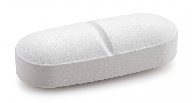 White oblong tablet with a central score line isolated on white background. Medication, pharmacy, medical treatment, supplement and healthcare concept.