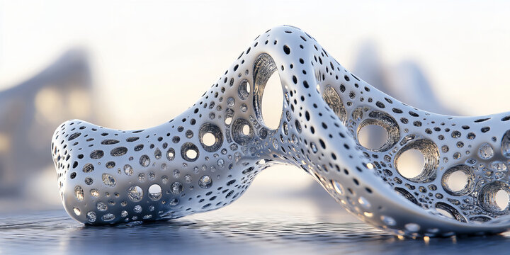 Futuristic 3D printed metal sculpture, generative design organic structure, bionic architectural model with porous texture