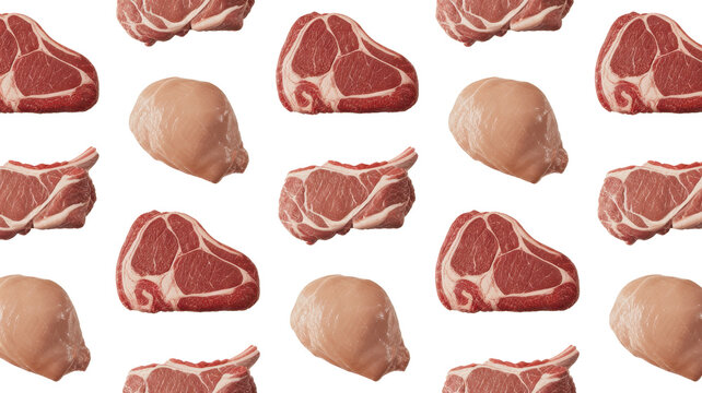 A repeating pattern of raw red meat steaks and chicken breast fillets arranged on a neutral beige background, for culinary food