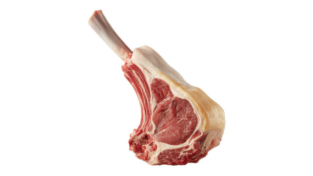 A single raw lamb chop with a long rib bone, featuring marbled red meat and a layer of white fat, isolated on a clean white background