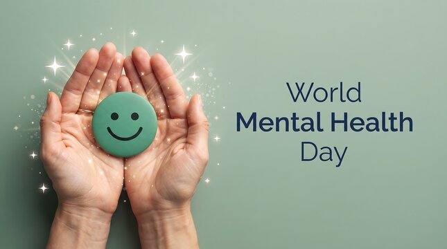 Hands gently holding a green cube with a smiling face for mental health awareness