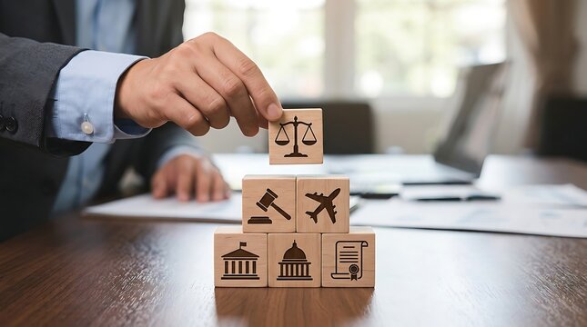 Business professional placing wooden relocation icons on desk with laptop and cityscape background