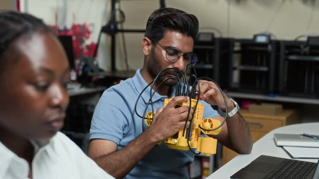 Indian young adult man wearing glasses examining yellow robotic device in tech laboratory. Footage represents STEM education, robotics engineering, and diverse workplace collaboration