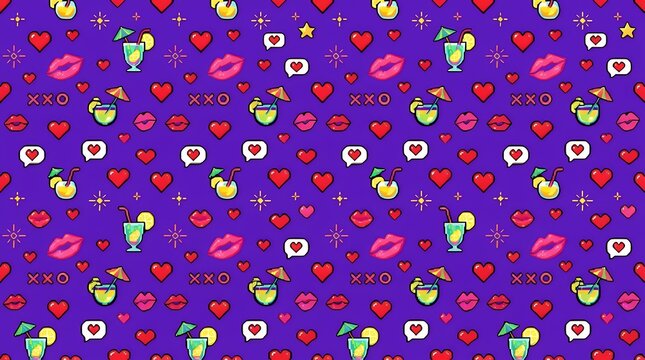 Charming 8 bit pixel art continuous background featuring cute romantic elements including red hearts sweet lips kiss marks tropical cocktail drinks and affectionate messages on a vibrant violet
