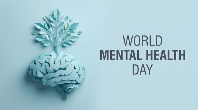 World mental health day concept with a brain made of leaves and text