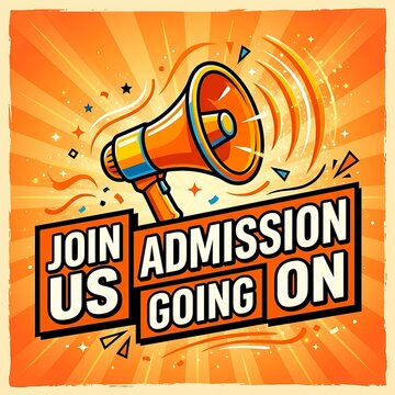 Vintage megaphone announcing admission event with retro join us banner on orange background