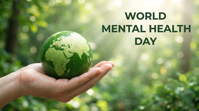 Hands holding a globe with a forest background for world mental health day