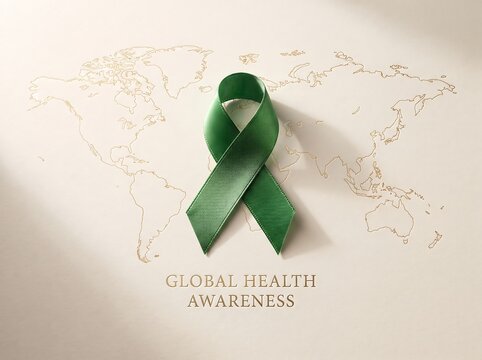 Green ribbon symbolizing hope awareness and support on textured background
