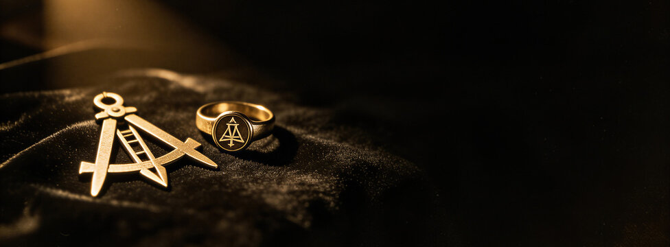 Freemason ring and compass tool on black velvet. Gold masonic symbols representing secret society and ancient brotherhood. Banner with copy space