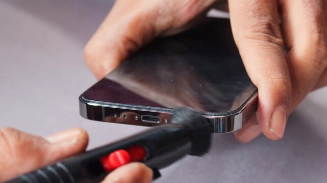 Asian man's hand cleaning a smartphone speaker grille with a small cleaning brush, also brushing around the charging port to remove dust, lint, and debris for better device maintenance and care.