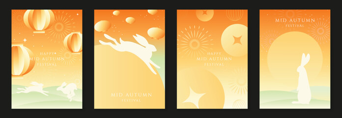 Naklejka premium Mid Autumn Festival poster templates vector. Asian moon celebration designs with rabbit, lantern, clouds and floral elements for greeting card, banner, invitation and social media