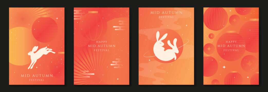 Mid Autumn Festival poster templates vector. Asian moon celebration designs with rabbit, lantern, clouds and floral elements for greeting card, banner, invitation and social media