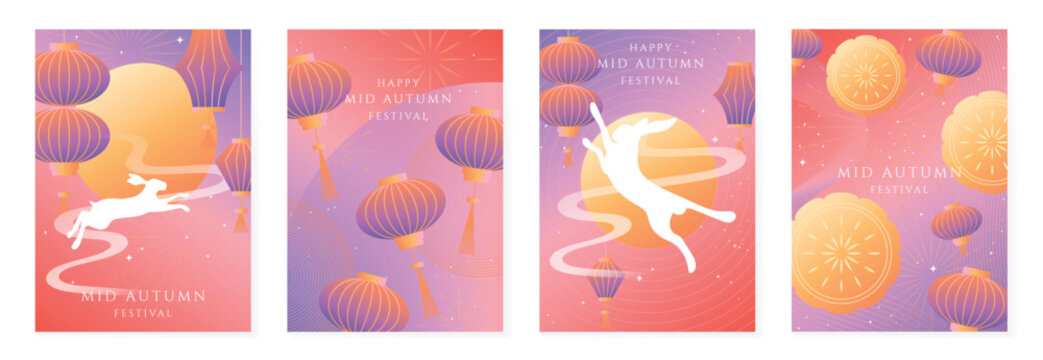 Mid Autumn Festival poster templates vector. Asian moon celebration designs with rabbit, lantern, clouds and floral elements for greeting card, banner, invitation and social media