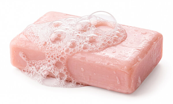 Wet pink bar of soap covered with foam and bubbles on a white background. Hygiene, cleanliness, personal care and hand washing concept.
