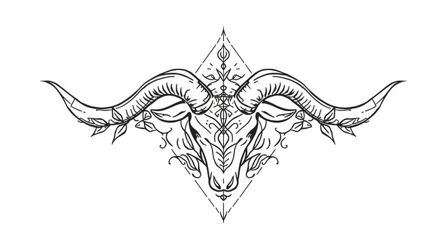 Intricate black and white line art illustration of a ram's head with ornate decorative elements and geometric shapes.