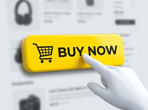 Hand pressing yellow buy now button on digital shopping interface for instant purchase