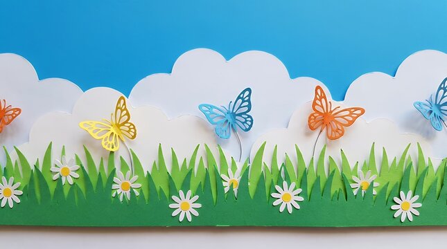 Springtime paper cut border featuring green grass lawn white daisy flowers flying butterfly and fluffy clouds under bright blue sky border pattern seamless cloud sky blue grass lawn green summer