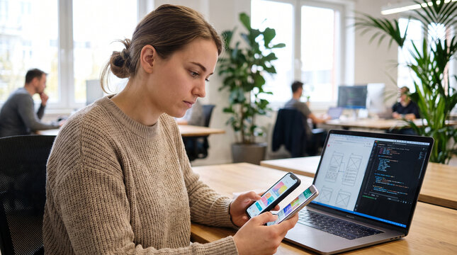 A thoughtful female UX/UI mobile developer holds and tests an app on two smartphones, an iPhone and Android, in a bright, modern agency office during the day.