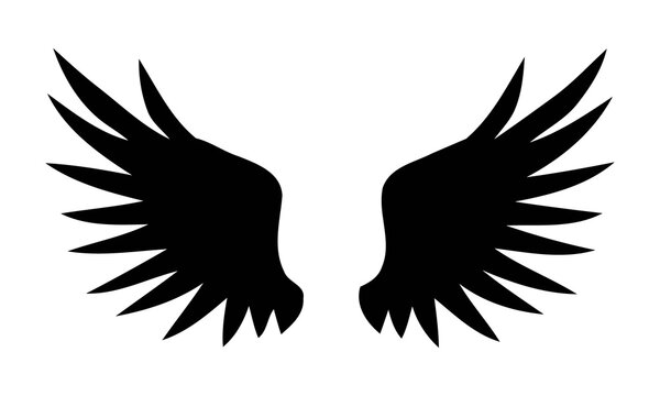 Black angel wings silhouette, spread bird wings graphic on white background. Minimalist feather wing icon for tattoo design and logo. Symmetrical eagle wings for flight and freedom concepts.
