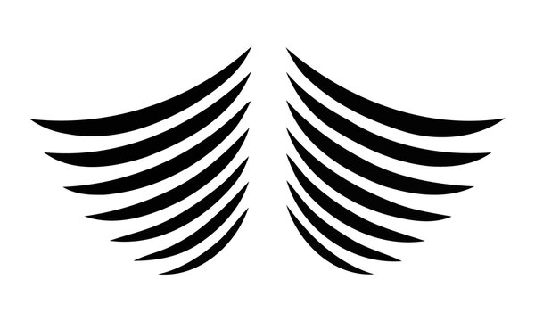 Minimalist black wing silhouette icon on white background. Abstract symmetrical feather graphic for logo design. Stylized bird wings emblem for branding. Modern tribal wing tattoo art element.