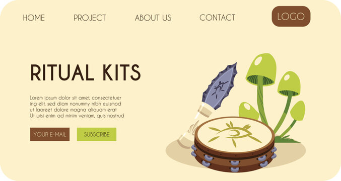 Ritual kits landing page vector design, tribal shamanic tambourine drum and knife with eye symbol and magic mushrooms
