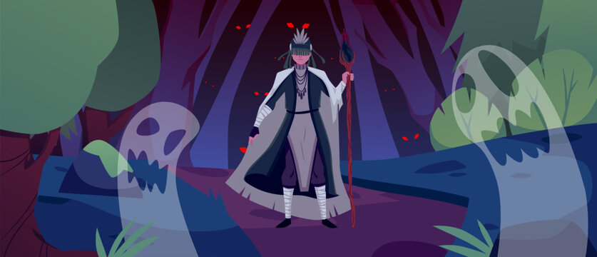 Tribal shaman with magic wand in dark forest with ghosts, glowing monster eyes vector flat illustration, ancient wizard