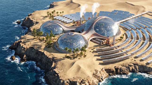 Futuristic solar desalination plant on a rugged desert coastline, using concentrated sunlight to purify seawater into fresh drinking water