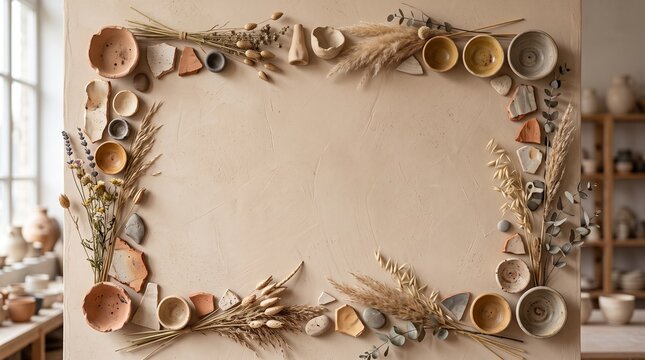 Decorative frame made of rustic kitchen tools bowls and dried herbs on a wooden table surface