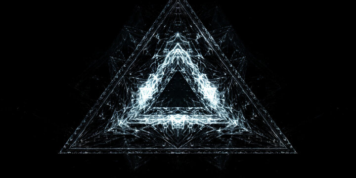 Futuristic glowing triangle portal, abstract neon geometric energy shape, mystical blue light fractal on black background