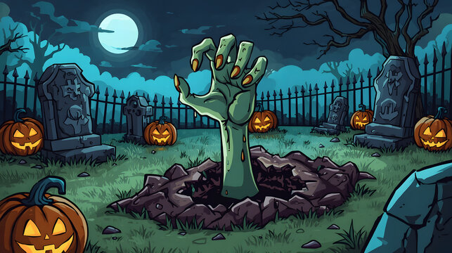 A spooky graveyard scene at night with a zombie hand emerging from the ground surrounded by pumpkins and tombstones under a full moon.