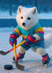 Naklejka premium Adorable fox playing hockey