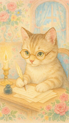 Naklejka premium Charming cat writing letter