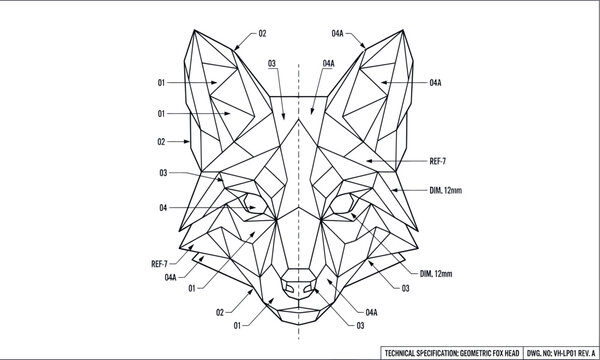 A detailed technical drawing of a fox head constructed with geometric lines and symmetry markers on a plain white background