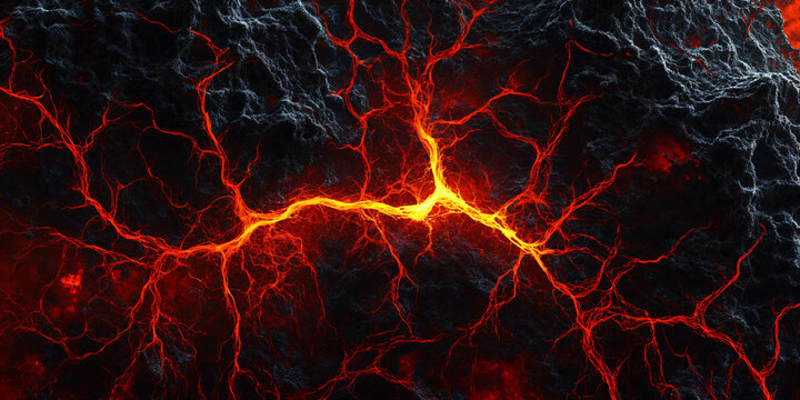 Molten lava glowing through cracked volcanic rock, fiery orange magma veins on dark stone, abstract geothermal heat texture