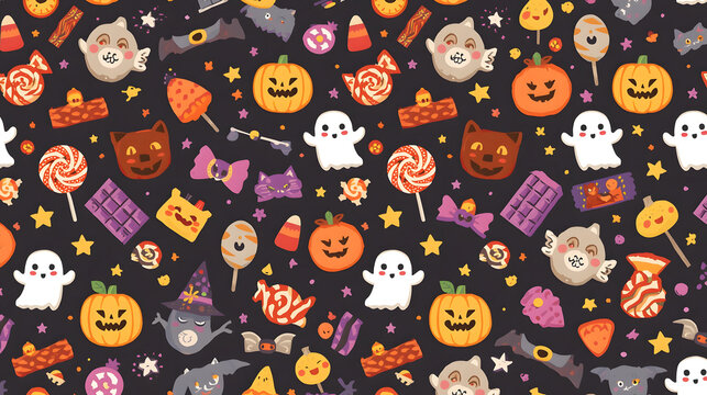 A vibrant and playful Halloween pattern featuring cute ghosts, pumpkins, and various candies on a dark background, perfect for festive designs.