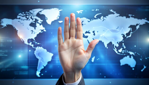 Human hand making a stop gesture against a digital world map for AI collaboration concept