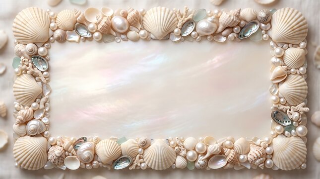 Seashells and polished pearls form a decorative rectangular border around a shimmering mother of pearl surface.