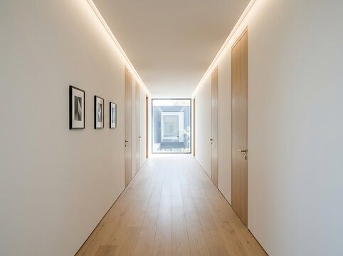 Modern minimalist white hallway with recessed lighting and abstract wall art for contemporary interiors