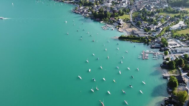 Aerial View of St. Gilgen on Lake Wolfgang with sailing ships in the Salzkammergut Region, Austria	
