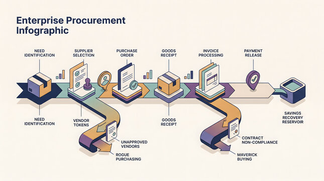 Procurement spend leakage infographic illustrating purchasing pathways, approval checkpoints, hidden expenses, budget diversion, and savings recovery for enterprise cost management.