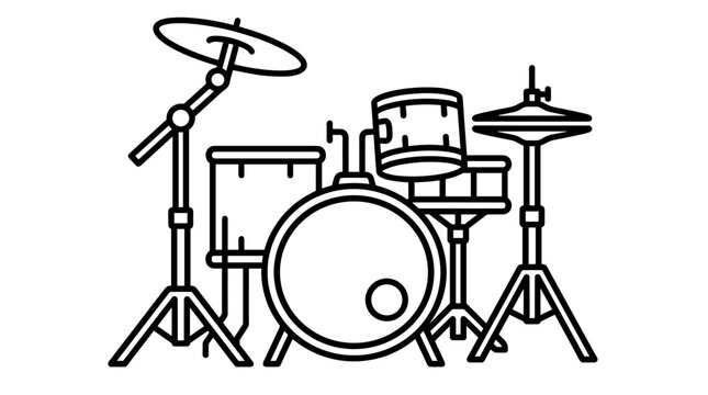 Line art vector illustration of a drum set with cymbals, snare, and bass drum, isolated on white.