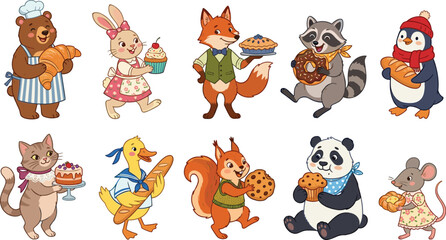 Obraz premium Cute Anthropomorphic Animal Bakery Vector Element Set with Cartoon Characters Holding Pastries, Cakes, and Sweet Treats for Kids Birthday Party Invitation Designs