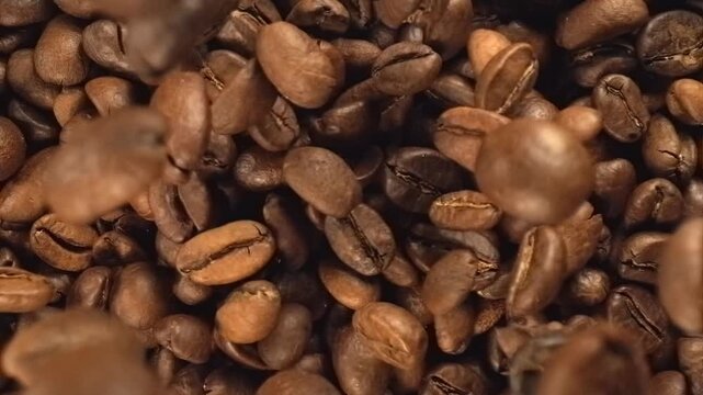 Roasted coffee beans falling in super slow motion macro top view