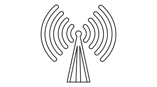 Outline vector illustration of a radio tower emitting signal waves, isolated on white background