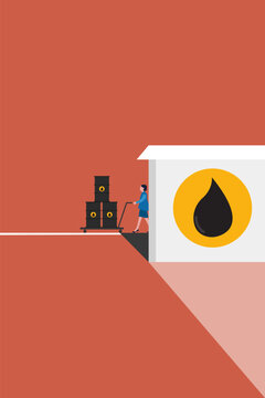 Business woman pushing a hand truck loaded with  oil barrels towards an oil refinery facility for logistics transport