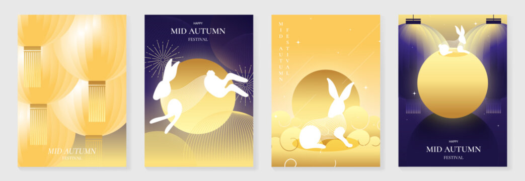 Mid Autumn Festival poster templates vector. Asian moon celebration designs with rabbit, lantern, clouds and floral elements for greeting card, banner, invitation and social media