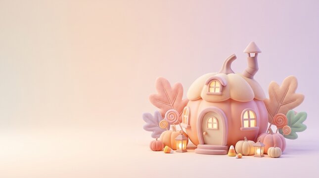 Cute miniature pumpkin house with glowing windows and autumn leaves in a soft pastel aesthetic background