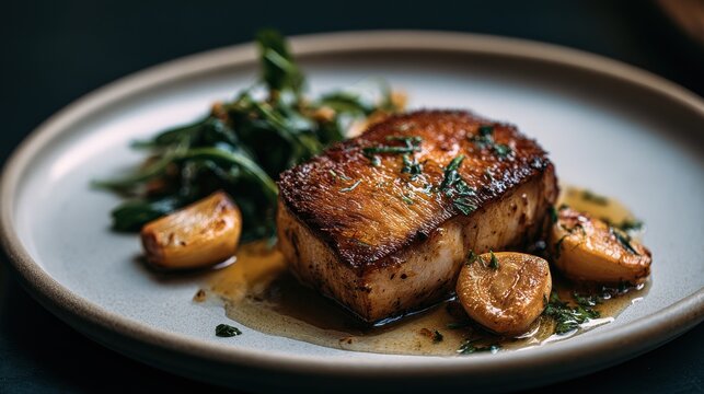 Pan seared fish with roasted vegetables on a restaurant plate