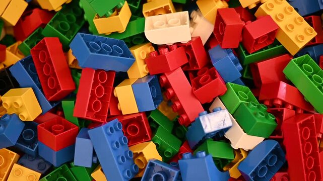 Pile of colorful plastic building blocks texture background. Bright educational toys for children, creative play and early childhood development concept.