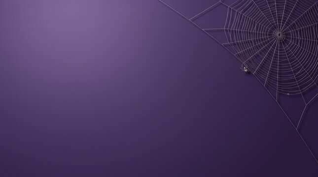 A detailed spider web hanging in the corner of a dark purple background with a small spider waiting for prey